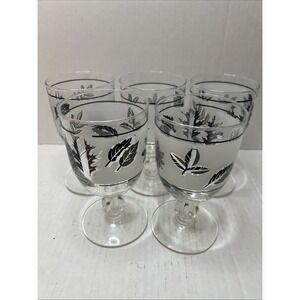 VTG Libbey Frosted Silver Foliage Leaf Glasses 5.5" Water Goblets Set of 5